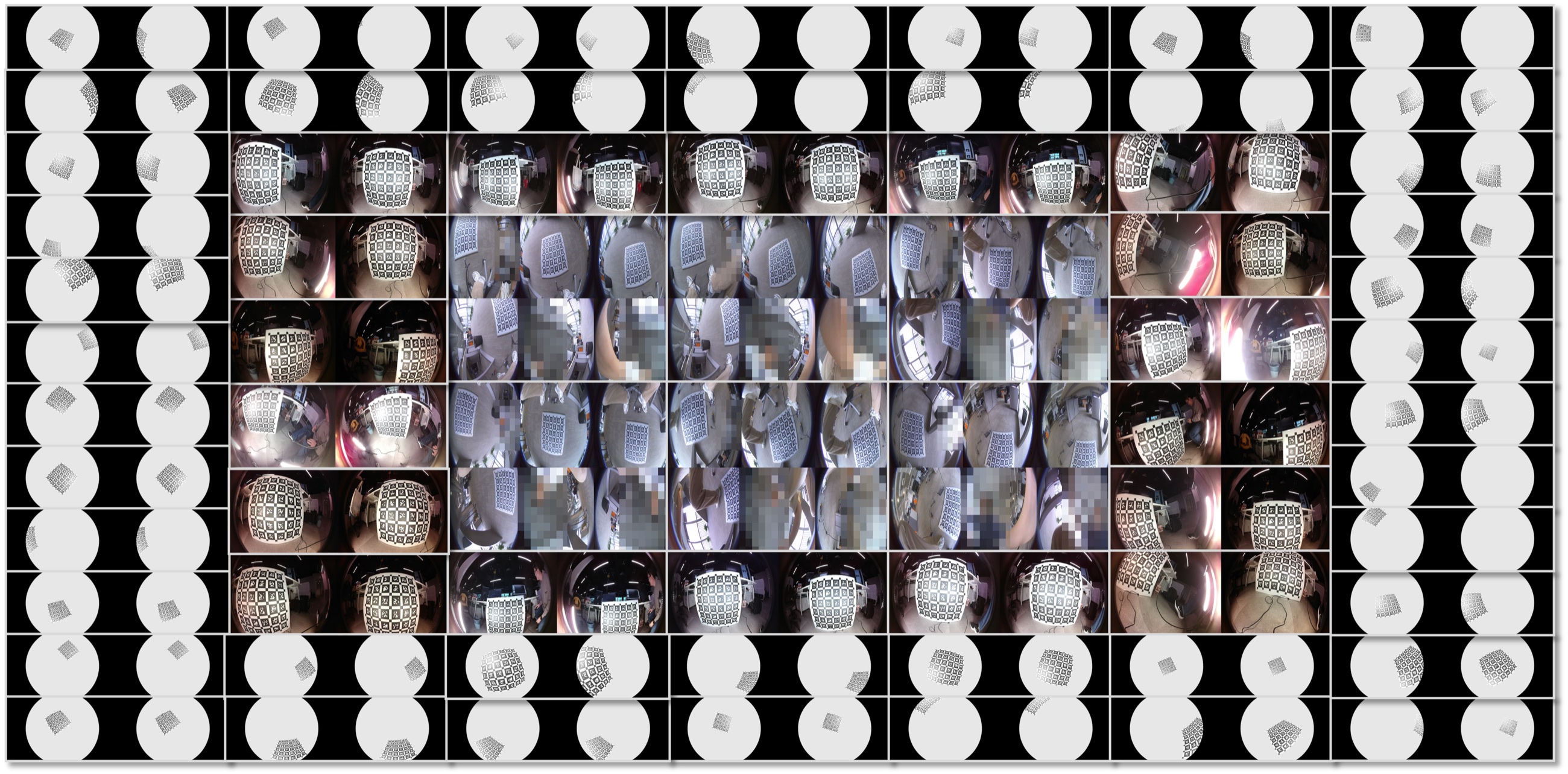 Multi-fisheye calibration observations with checkerboard targets across stereo and hex camera rigs.